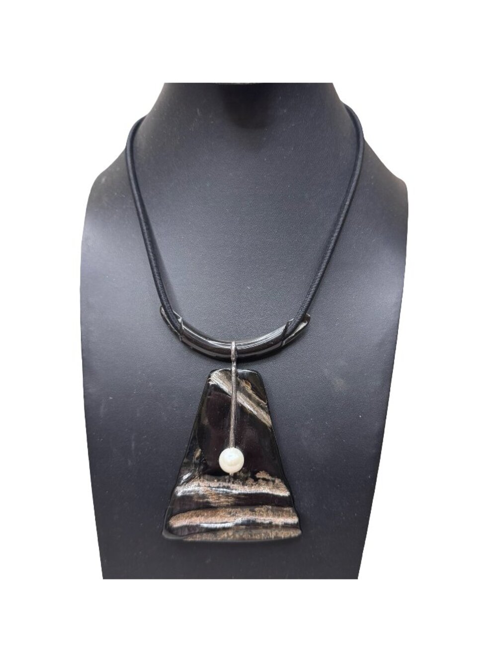 Black Fossil Pendant Necklace Pearl Nature Brand Unique Artisan Design Vintage